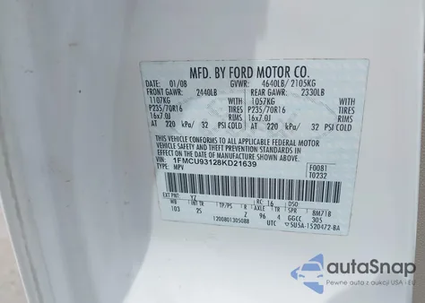 2008 Ford Escape Xlt z USA, uszkodzony, nr VIN 1FMCU93128KD21639